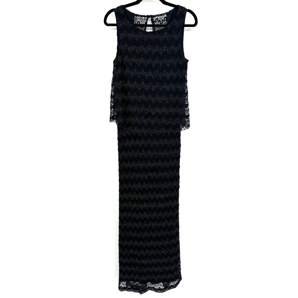 XSCAPE Black Silver Tiered Metallic Sleeveless Maxi Blouson Dress Gown Size 12